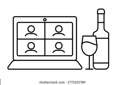 Online Wine Party With Glass Of Wine And Bottle Of Sparkling Wine. On Laptop Screen Friends Drink Alcohol Teleconference. Virtual Beer Webinar. Vector Illustration. Outline Icon With Editable Stroke.