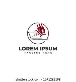 Online Wine Shopping Ordering and Shipping with Cart Bottle Notebook Logo Vector Icon Illustration