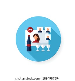 Online wine tasting flat icon. Meeting together concept. Internet streaming website. Live stream. Social distanced party. Remote public event, community. Isolated color vector illustration with shadow