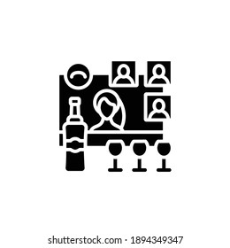 Online wine tasting glyph icon. Meeting together concept. Internet streaming website. Live stream. Social distanced party. Remote public event, community. Isolated silhouette vector illustration