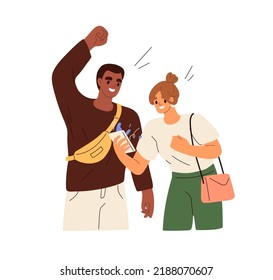 Online winners couple celebrate victory in game. Happy lucky people with fortune, mobile phone. Man and woman rejoicing win in smartphone. Flat graphic vector illustration isolated on white background