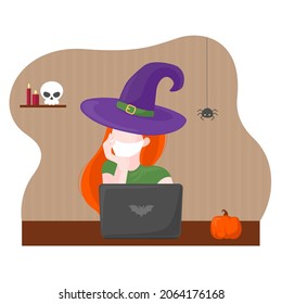 Online witch with mask protect from Corona. Halloween concept.