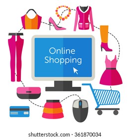Online Woman Shopping. Vector art