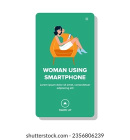 mujer en línea que usa un vector de smartphone. internet joven, móvil adulto, teléfono caucásico mujer en línea usando la web de smartphone ilustración de caricatura plana