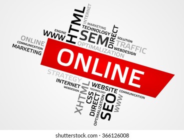 ONLINE word cloud, tag cloud, vector graphics - business and internet concept