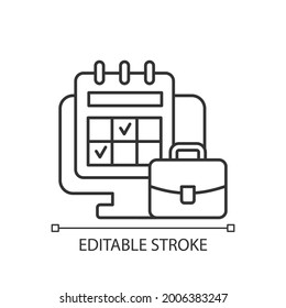 Online work calendar linear icon. Schedule business dates and events. Planning for project. Thin line customizable illustration. Contour symbol. Vector isolated outline drawing. Editable stroke