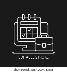 Online work calendar white linear icon for dark theme. Schedule business dates and events. Thin line customizable illustration. Isolated vector contour symbol for night mode. Editable stroke