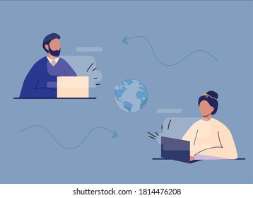 El trabajo en línea, la comunicación y el concepto de redes sociales mientras están aislados. Freelance, pareja se sienta con laptops. Ilustración vectorial.