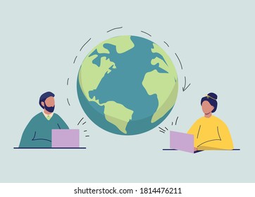 Online work, communication and social networking concept while isolated. Freelance, couple sits with laptops. Vector illustration.