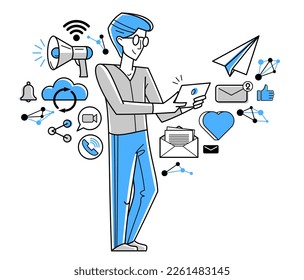 Ilustración de esquema vectorial de concepto de trabajo en línea, autónomo de trabajo virtual remoto o parte de un equipo de trabajo de coworking que trabaja a distancia.
