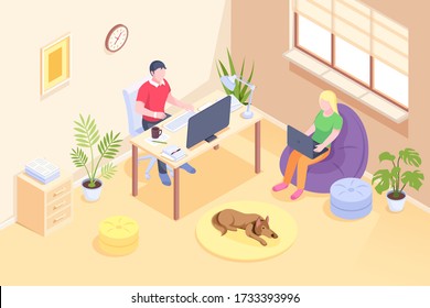 Online work, couple freelance home office, vector isometric design. Woman working from home on laptop, remote online work and education, man freelancer at computer table in room, quarantine isolation