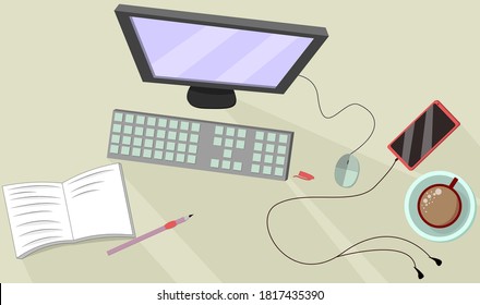 
Online work, education. Comfortable work environment with a cup of coffee. Work at the computer. Remote education