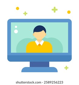 Online work, education, webcam communication icons illustrations. Human symbol on a computer monitor screen. 