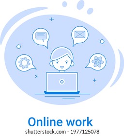 The online work and freelance icon.Remote work and use of modern technologies.Vector illustration of a thin line icon on a blue background.