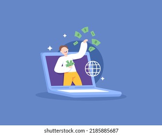 online work or freelance work. make money from the internet. one worker earns a lot online from a side job. work on a laptop. technology. illustration concept design. software, apps, websites