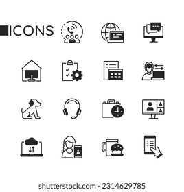 Online work and freelance - set of line design style icons isolated on white background. High quality images of internet, computer, video conference, cloud storage, coffee break, man with headphones