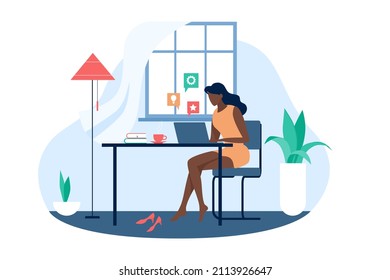 Online work of freelancer at home office. Busy young woman working with laptop, female employee sitting at modern workplace flat vector illustration. Freelance, business, distance job concept