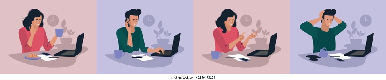 Online work. Girl and guy with a laptop. People and business. The working process. Office work. Freelancer, work from home. Vector image.