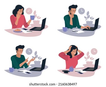 Online work. Girl and guy with a laptop. People and business. The working process. Office work. Freelancer, work from home. Vector image.