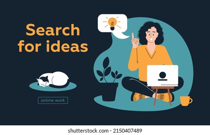 Online work. Girl with a laptop. People and business. The working process. Implementation of the task. Infographics, presentation. Freelancer, work from home. Vector image.