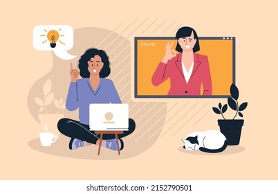Online work. Girl with a laptop. People and business. The working process. Infographics, presentation. Freelancer, work from home. Vector image.