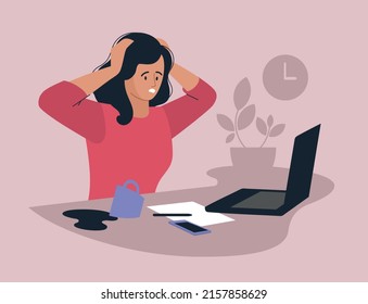 Online work. Girl with a laptop. People and business. The working process. Problems at work. Infographics, presentation. Freelancer, work from home. Vector image.	