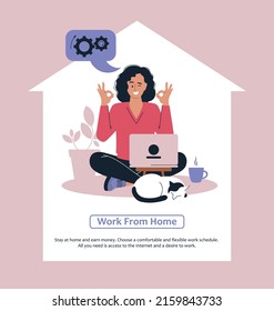 Online work. Girl with a laptop. People and business. The working process. Infographics, presentation. Freelancer, work from home. Vector image.