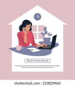 Online work. A girl is working on a laptop. People and business. The working process. The woman is talking on the phone. Infographics, presentation. Freelancer, work from home. Vector image.	