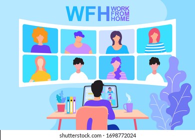 Online-Arbeit von zu Hause Sitzung. Vector Illustrationen flaches Design Konzept Videokonferenz.  EPS10.