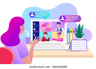 Trabajo en línea desde la reunión en casa. Videoconferencia de concepto de diseño plano Vector Illustrations. EPS10.