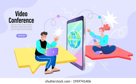 Online work from home meeting. Vector Illustrations flat design concept video conference. employee talk on video call on mobile with diverse colleagues. video conferencing.