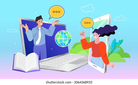 Online work from home meeting. Vector Illustrations flat design concept video conference. employee talk on video call on mobile with diverse colleagues. video conferencing.