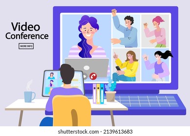 Online work from home meeting. Vector Illustrations flat design concept video conference. vector employee talk on video call on laptop with diverse colleagues. Videoconferencing and online meeting.