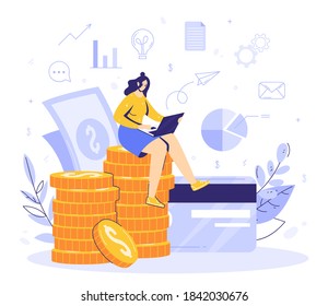 Online work in internet concept. Modern business. Woman sits on a stack of moments and earns remotely using a computer. Card and banknotes, financial icons. Successful full-time freelancer. Flat style