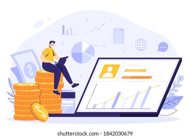 Online work in internet concept. Modern business. Man sits on a stack of moments and earns remotely using a computer. Card and banknotes, financial icons. Successful full-time freelancer. Flat style