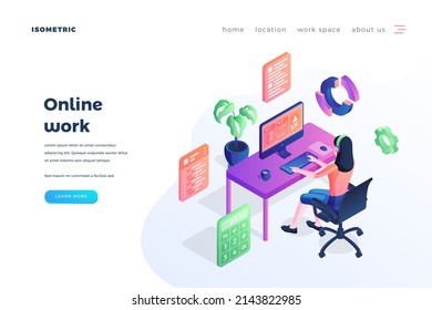 Online work landing page vector template. Modern business, freelance website homepage interface idea with isometric illustrations. Remote workplace, home workspace web banner 3D cartoon concept