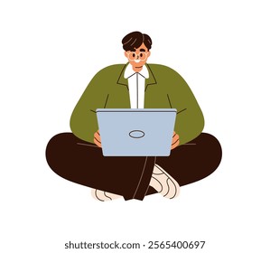 Online work at laptop computer. Freelance remote worker, business man with PC. Happy freelancer. Digital entrepreneur in virtual internet job. Flat vector illustration isolated on white background