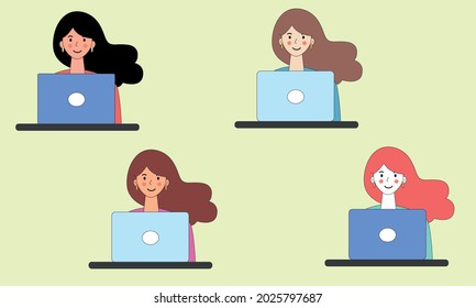 Online work, online learning. Woman, brunette, brown-haired, redhead girl sitting at her laptop. Set of avatars