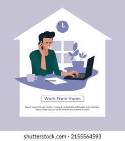 Online work. A man is working on a laptop. People and business. The working process. The guy is talking on the phone. Infographics, presentation. Freelancer, work from home. Vector image.