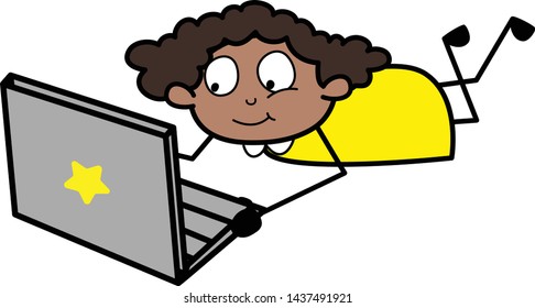 Online Work on Laptop - Retro Black Office Girl Cartoon Vector Illustration