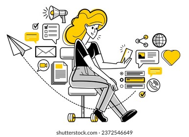 Online work on a phone concept vector outline illustration, smartphone remote virtual working freelancer or a part of coworking team working on distance.