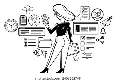 Online work on a phone concept vector outline illustration, smartphone remote virtual working freelancer or a part of coworking team working on distance.