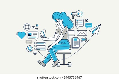 Online work on a phone concept vector outline illustration, smartphone remote virtual working freelancer or a part of coworking team working on distance.