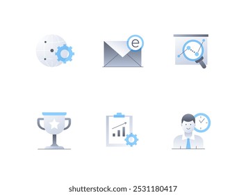 Online work and productivity - flat design style icons set. High quality colorful images of internet and online, business email, watch statistics, winner cup, productivity growth and employee