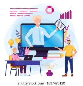Online work. Submission of reports on the Internet. Vector illustration of a webinar on video calls.