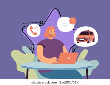 Online work of taxi service dispatcher with headset. Woman taking cab orders, payments from passengers from booking application, working with laptop flat vector illustration. Business, travel concept