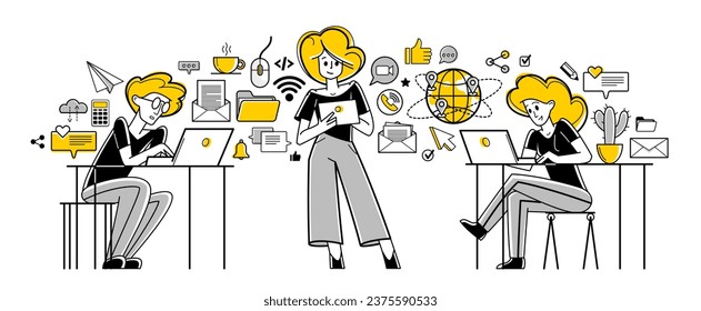 Online work teamwork concept vector outline illustration, remote virtual working freelancers or a part of coworking team working on distance.