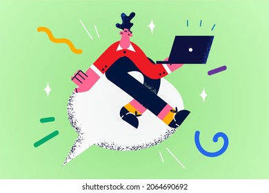 Online work and technologies concept. Young smiling man worker businessman sitting on reply bubble sign with laptop feeling excited with remote job vector illustration 