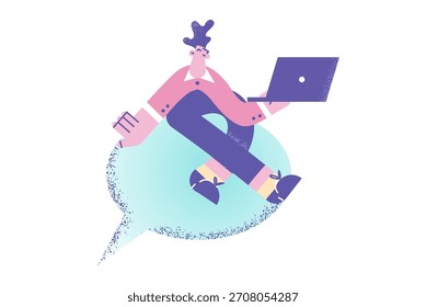 Concepto de trabajo y tecnologías en línea. Hombre de negocios sonriente joven del trabajador que se sienta en la muestra de la burbuja de la respuesta con la sensación del ordenador portátil emocionada con la Ilustración vectorial remota del trabajo