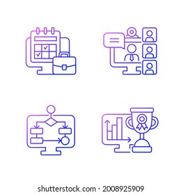Online work tracking gradient linear vector icons set. Video conference. Employee meeting remotely. Thin line contour symbols bundle. Isolated vector outline illustrations collection